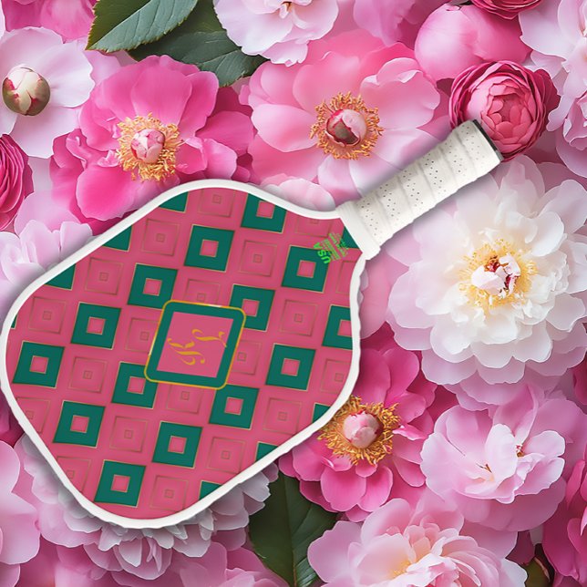 Raquette De Pickleball Preppy Diamond Design rose et vert Monogramme (Stylish Pink and Green Diamond Monogram Pickleball Paddle )