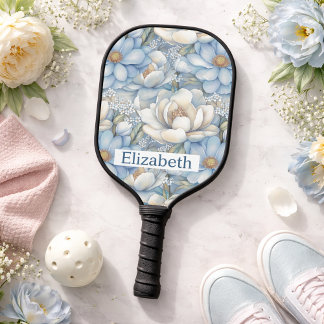 Raquette De Pickleball Pretty Blue Magnolia and Peony Personalized