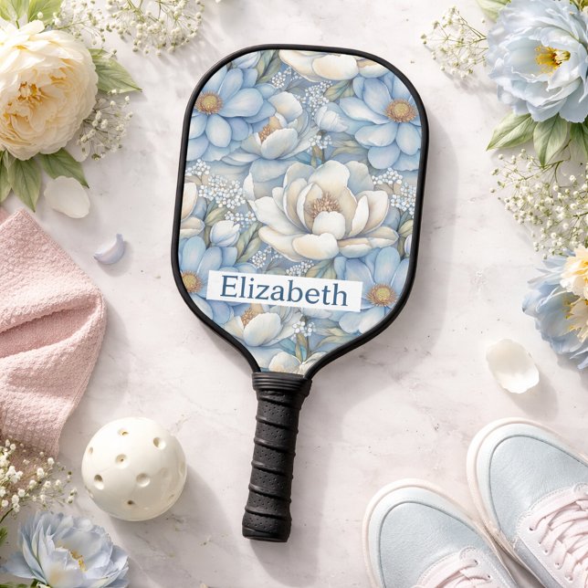 Raquette De Pickleball Pretty Blue Magnolia and Peony Personalized (Créateur téléchargé)