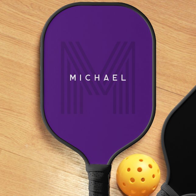 Raquette De Pickleball Purple Simple Nom Moderne Monogramme (purple monogram pickleball paddle)