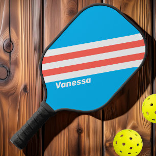 Raquette De Pickleball Rayures Bleu Ciel Rétro avec Nom