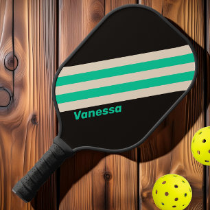 Raquette De Pickleball Rayures de menthe minuit rétro avec nom