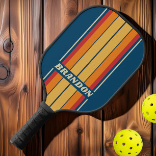 Raquette De Pickleball Rayures de planche arc-en-ciel bleu vintage avec n