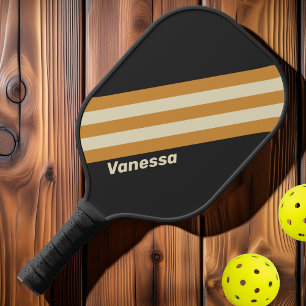 Raquette De Pickleball Rayures Rétro Dorées sur Fond avec Nom