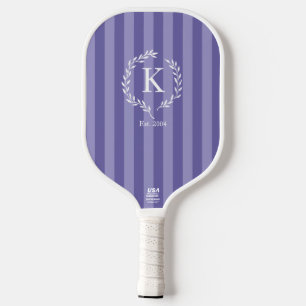 Raquette De Pickleball Rayures violettes Monogramme Couronne de laurier A