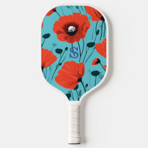 Raquette De Pickleball Red Poppy Flower Garden Nom du monogramme