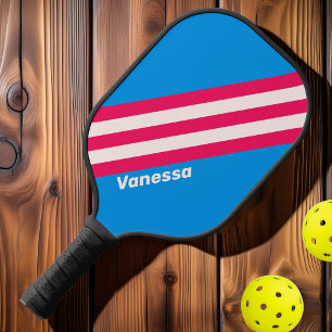 Raquette De Pickleball Rétro Rayures Blue Crush avec Nom