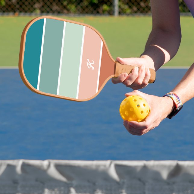 Raquette De Pickleball Retro Trendy Stripe Terracotta Turquoise Monogramm (Insitu)