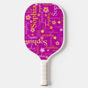 Raquette De Pickleball Rose blanc fleurs jaunes filles nom personnalisé
