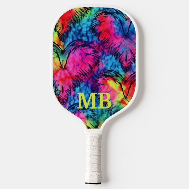 Raquette De Pickleball Rose Bleu Jaune Teinture Coeurs Monogramme (Verso)