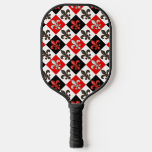 Raquette De Pickleball Rouge Noir Blanc À damiers Fleur de lis Design