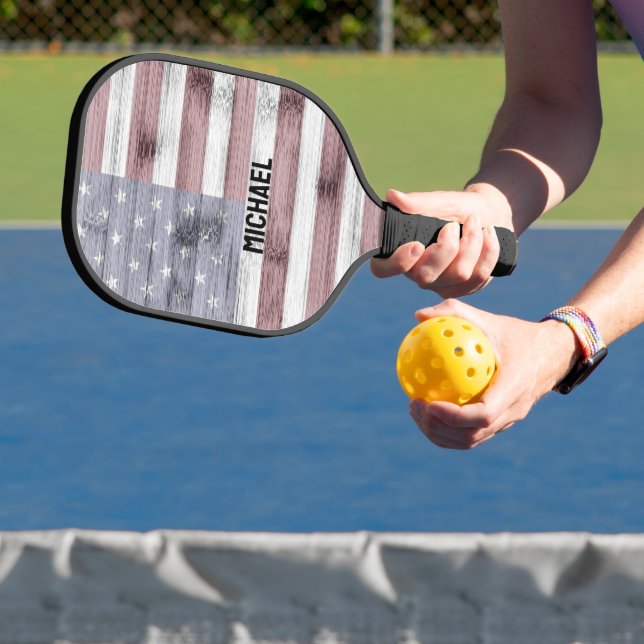 Raquette De Pickleball Rouge rustique Blanc Bleu Bois américain drapeau A (Insitu)