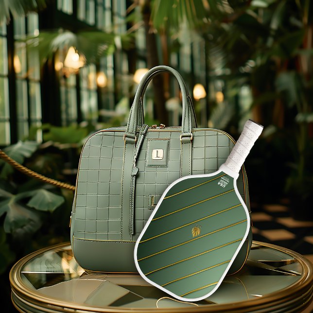 Raquette De Pickleball Sage Vert Luxueux & Monogramme Doré (Monogrammed Chic Sage Green Pickleball Paddle )