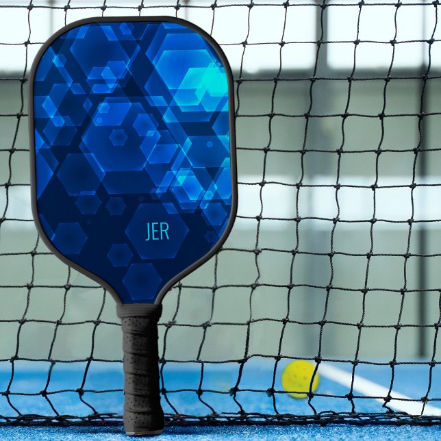 Raquette De Pickleball Scifi Cool Hexagon Abstrait Monogrammed Blue Tech (Créateur téléchargé)