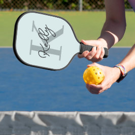 Raquette De Pickleball Script de Monogramme bleu aquatique moderne