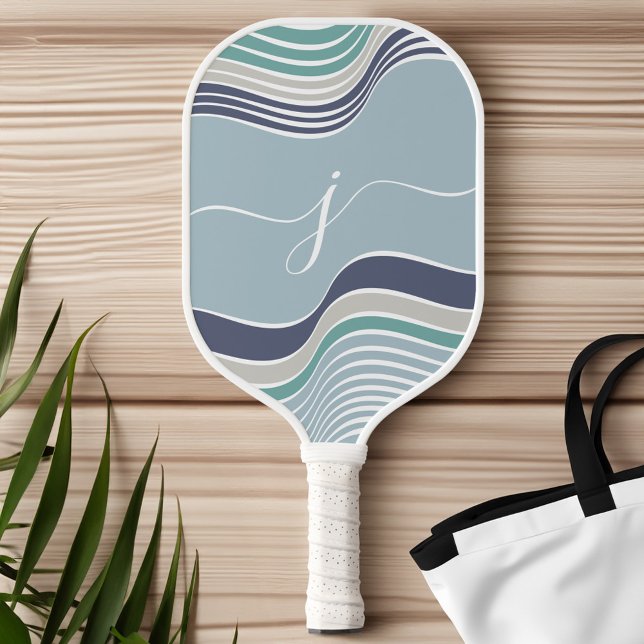 Raquette De Pickleball Script élégant Monogramme Abstrait Rétro Bleu Vide (Stylish Script Monogram Abstract Retro Blue Wavy Pickleball Paddle)