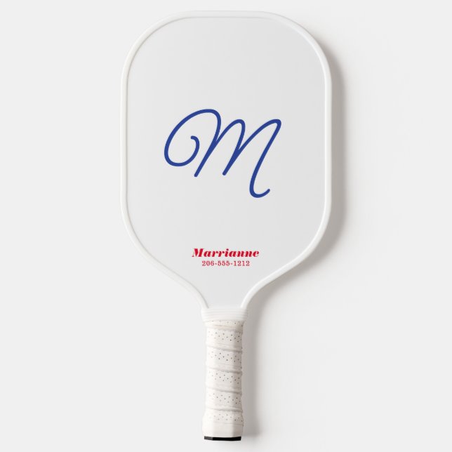 Raquette De Pickleball Script Initial Elegant Rouge Blanc Bleu Personnali (Verso)