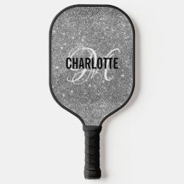 Raquette De Pickleball Silver glitter white script monogram name