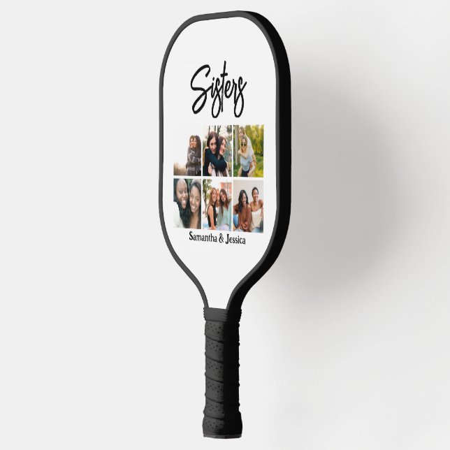 Raquette De Pickleball Sisters personnalisés Script 6 Collage photo (Gauche)