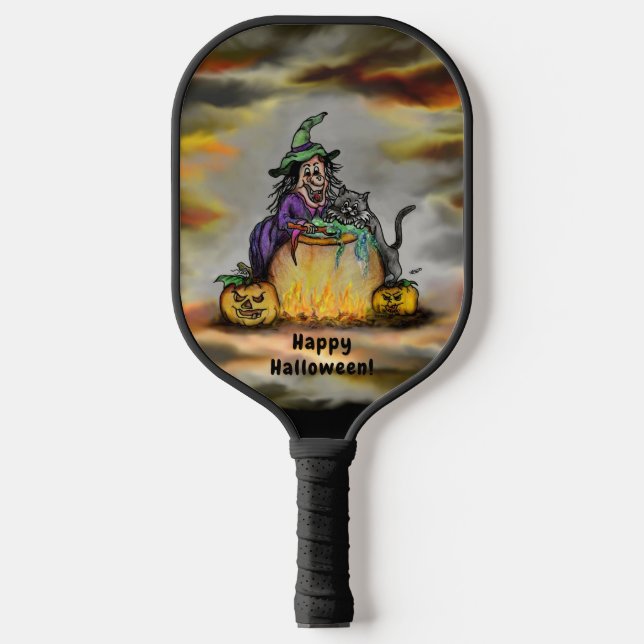 Raquette De Pickleball Sorcière et chat noir, Happy Halloween ! (Recto)
