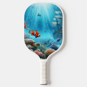 Raquette De Pickleball Sous la mer, tortue, corail, bateau, poisson clown