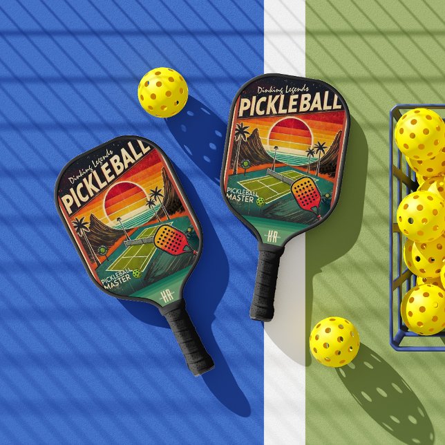 Raquette De Pickleball Sunset de la cour vintage | Monogramme rétro (Créateur téléchargé)
