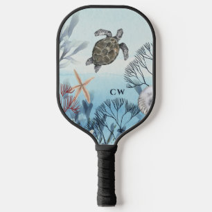 Raquette De Pickleball Tortue de l'océan de plage Monogramme