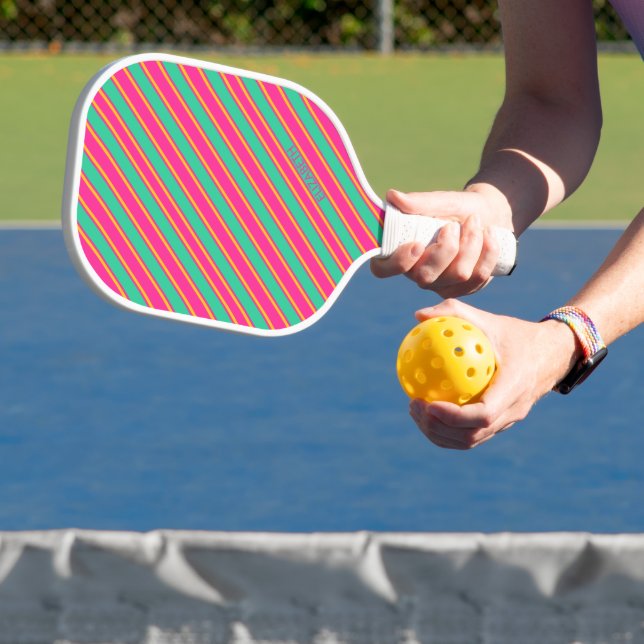Raquette De Pickleball Trendy Modern Monogram Name Striped (Insitu)