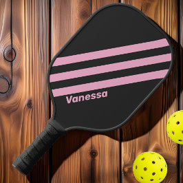 Raquette De Pickleball Trois rayures de la nuit rose rétro avec nom