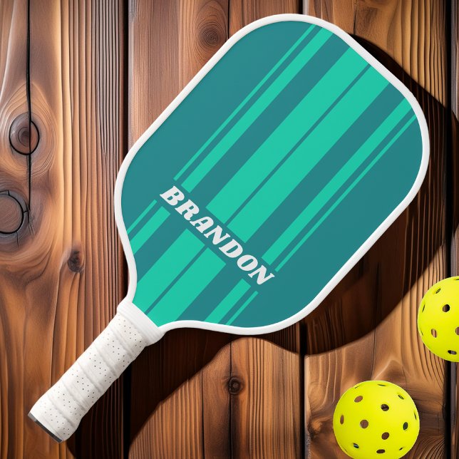 Raquette De Pickleball Turquoise Beach Breeze Board Stripes avec nom (Créateur téléchargé)