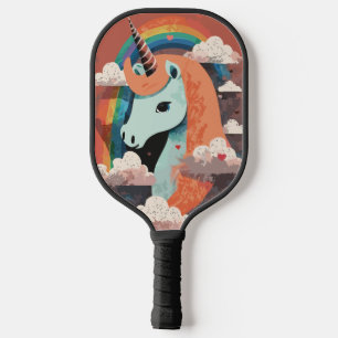 Raquette De Pickleball Unicorne sous arc-en-ciel et parmi les coeurs