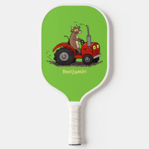 Raquette De Pickleball Vache heureuse mignonne conduisant un tracteur rou