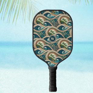 Raquette De Pickleball Vagues Polynésiennes et Palmiers Rétro Monogramme