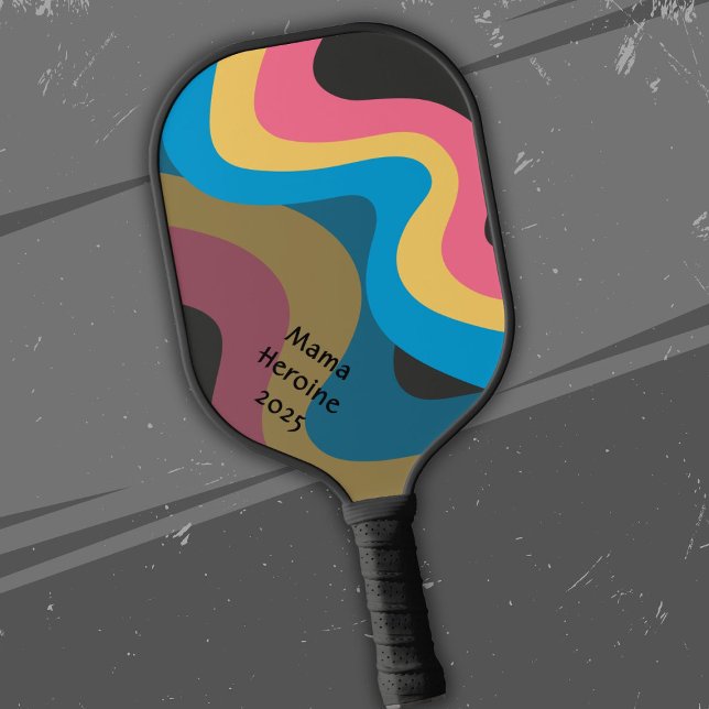 Raquette De Pickleball Vagues rétro en bleu rose jaune avec votre texte (Créateur téléchargé)