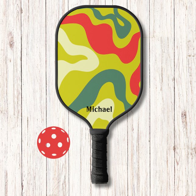 Raquette De Pickleball Vagues rétro vertes et rouges Monogramme moderne (Créateur téléchargé)