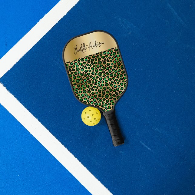 Raquette De Pickleball Vert émeraude or motif léopard nom script (Créateur téléchargé)