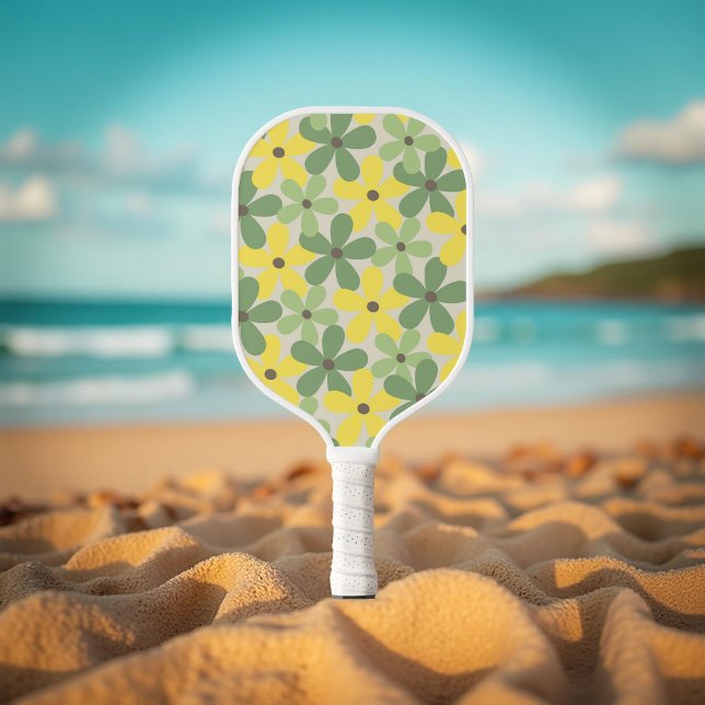 Raquette De Pickleball Vert jaune rétro Y2K les années 70 Fleur Motif (Créateur téléchargé)