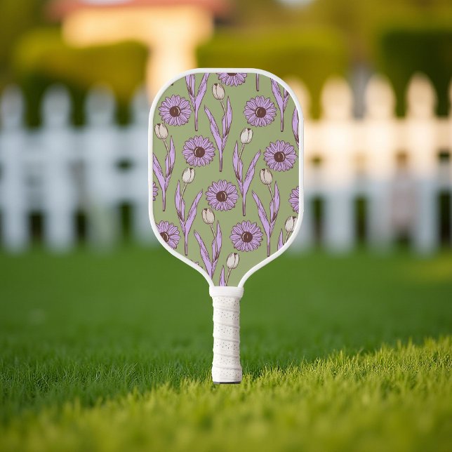 Raquette De Pickleball Vert violet rétro Y2K Funky Hippie Flower Motif (Créateur téléchargé)
