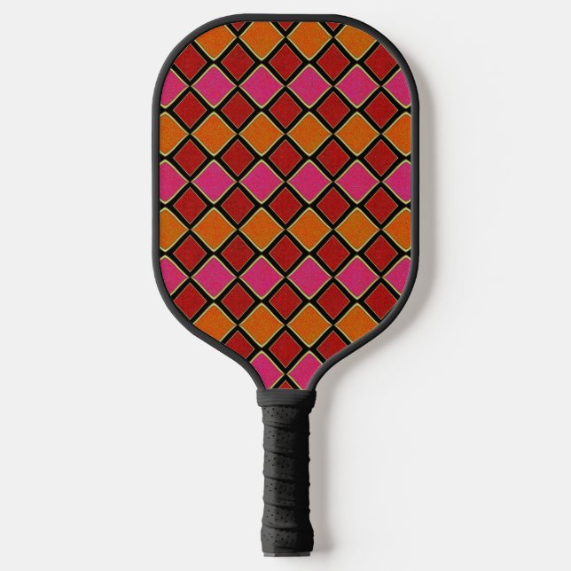 Raquette De Pickleball Vibrant Harlequin Diamond Pattern in Red, Orange,  (Recto)