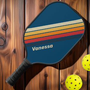 Raquette De Pickleball Vintage bleu rayé d'arc-en-ciel avec nom