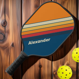 Raquette De Pickleball Vintage Sport Bleu Rayé Arc-en-ciel avec Nom
