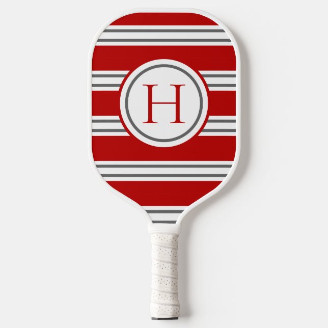 Raquette De Pickleball Vivid rouge & gris moderne Monogramme rayé (Recto)