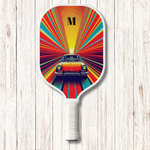 Raquette De Pickleball Voiture Vintage Retro Arc-en-ciel moderne Monogram