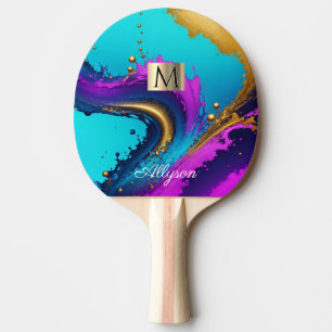 Raquette De Ping Pong Abstrait Liquide Dynamique, Nom Et Monogramme, Vs