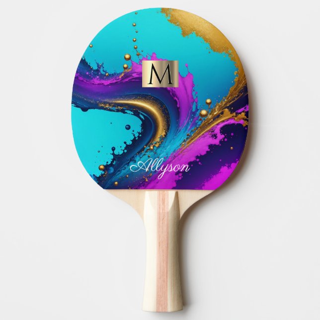 Raquette De Ping Pong Abstrait Liquide Dynamique, Nom Et Monogramme, Vs  (Devant)
