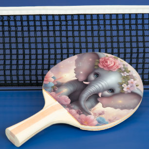 Raquette De Ping Pong Adorable bébé éléphant avec fleurs