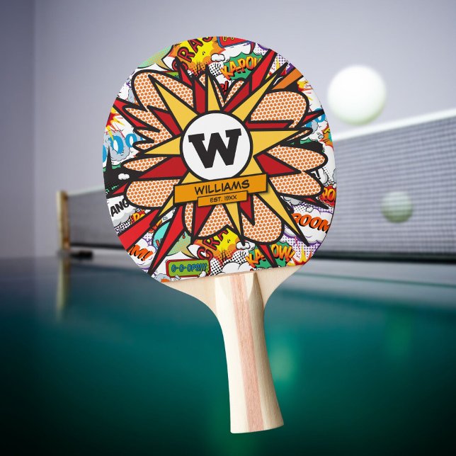 Raquette De Ping Pong Amusants Moderne Nom de famille Monogramme Comédie (Fun Modern Family Name Monogram Comic Book Ping Pong Paddle)