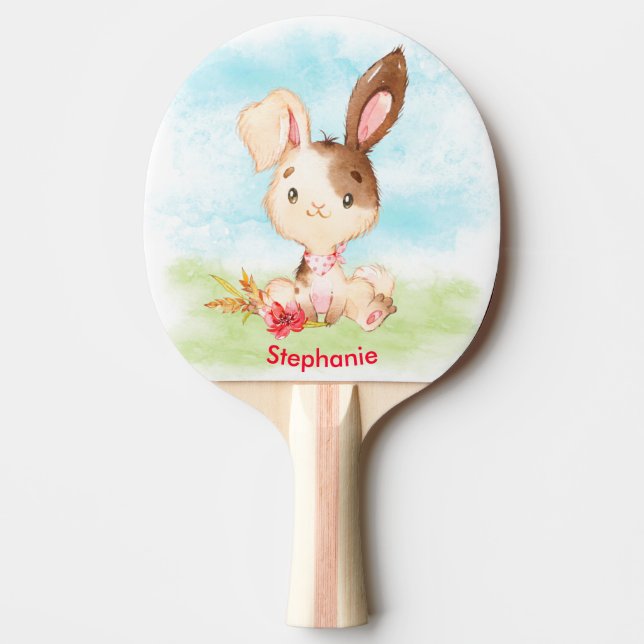 Raquette De Ping Pong Aquarelle rouge Petit Lapin (Devant)