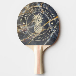 Raquette De Ping Pong Blason de mariage Noir Marbre & Ananas Doré avec N