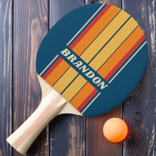 Raquette De Ping Pong Bleu arc-en-ciel vintage rayures avec nom